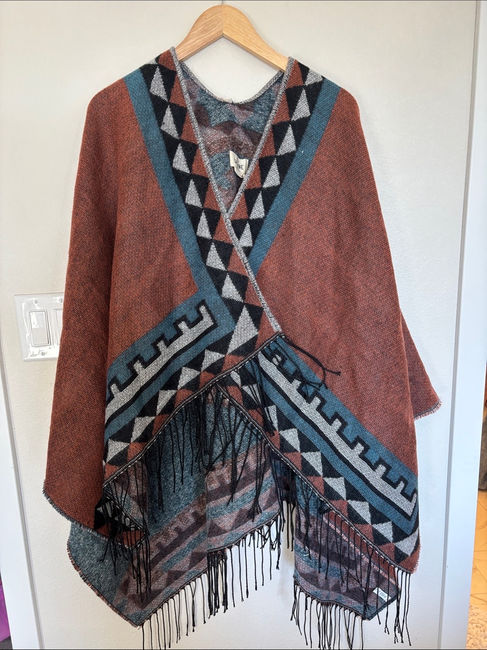 Shyanne Rust and Teal Aztec Fringe Poncho